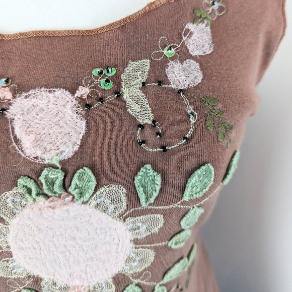 VTG 00s Y2K Alain Manoukian Tan Brown Floral Embellished Pink Lace Trim Tank Top - Picture 6 of 8